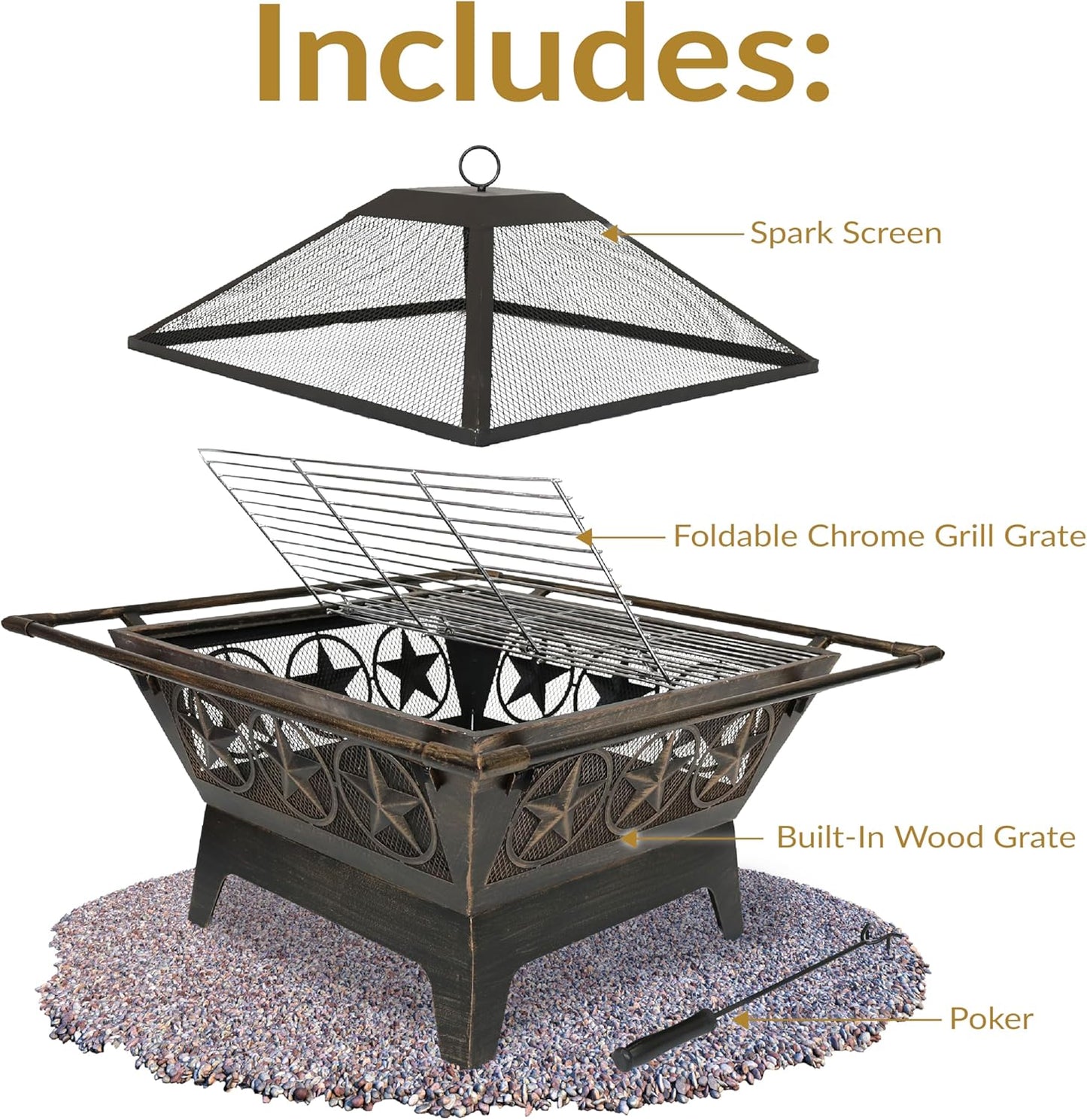Sunnydaze Northern Galaxy 32-Inch Outdoor Fire Pit with Grill Grate, Spark Screen, and Poker - Heavy-Duty Wood-Burning Fire Pit for Outside