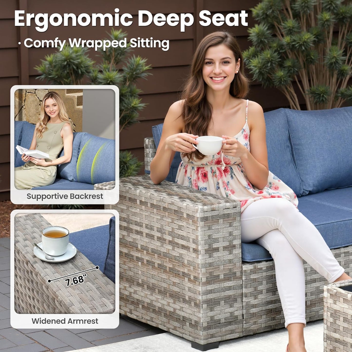 ovios 15 Pieces Patio Furniture Set, Outdoor Wicker Sectional Sofa with Swivel Chairs Coffee Table, Modern Modular Deep Seat Rattan Couch Conversation Sets, Denim Blue