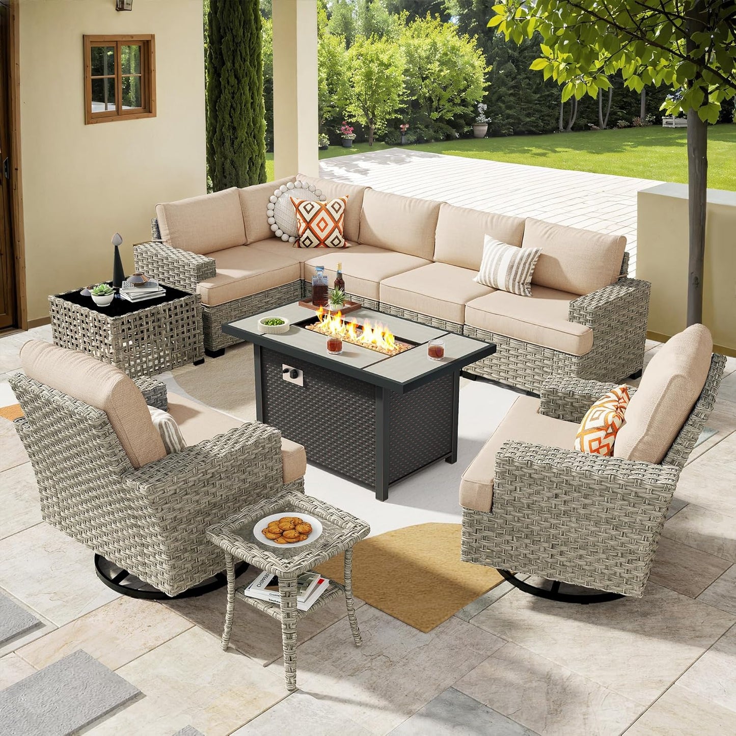 HOOOWOOO Outdoor Sectional Patio Furniture Set with Fire Pit Table,10 Pieces Wicker Conversation Sets L Shaped Couch,Extra Deep Out Door Sofa Outside Furniture with Swivel Chairs,Beige