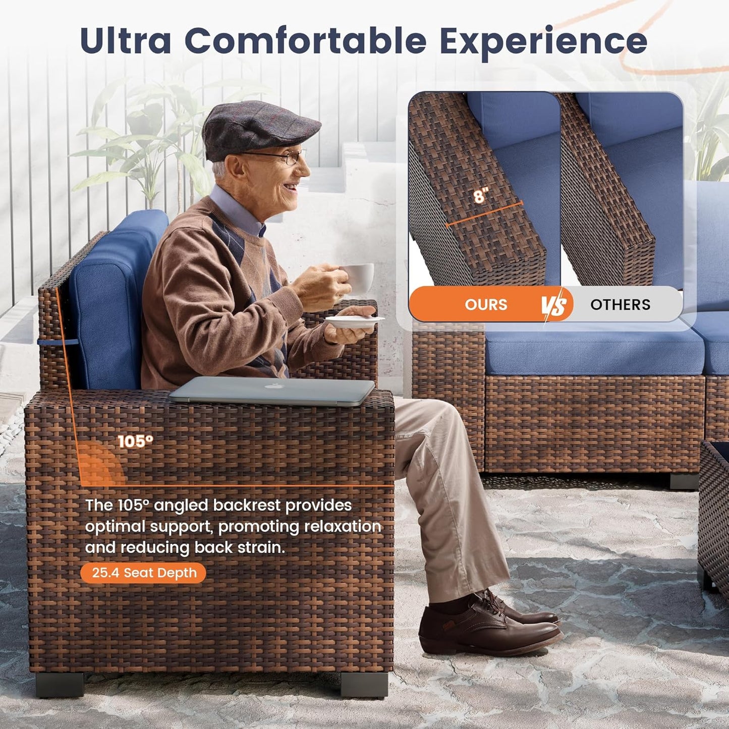 UDPATIO Patio Furniture Set with Fire Pit Table, 8 Inch Armrest Outdoor Sectional Sofa, 9 Piece Wicker Outdoor Furniture Conversation Sets with Waterproof Cover for Backyard Deck(Brown/Navy Blue)