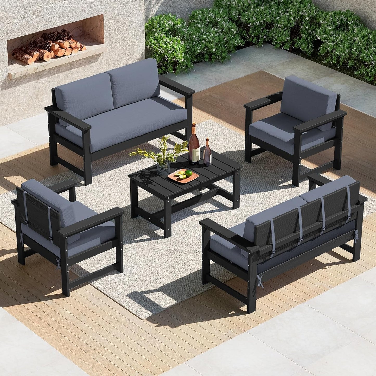 SERWALL 5 Pieces HDPE Outdoor Conversation Sofa Set with Cushion, All Weather Couch Loveseat Furniture Set with Pads, Outdoor Social Sofa Coffee Table Set, Black Frame with Grey Cushions