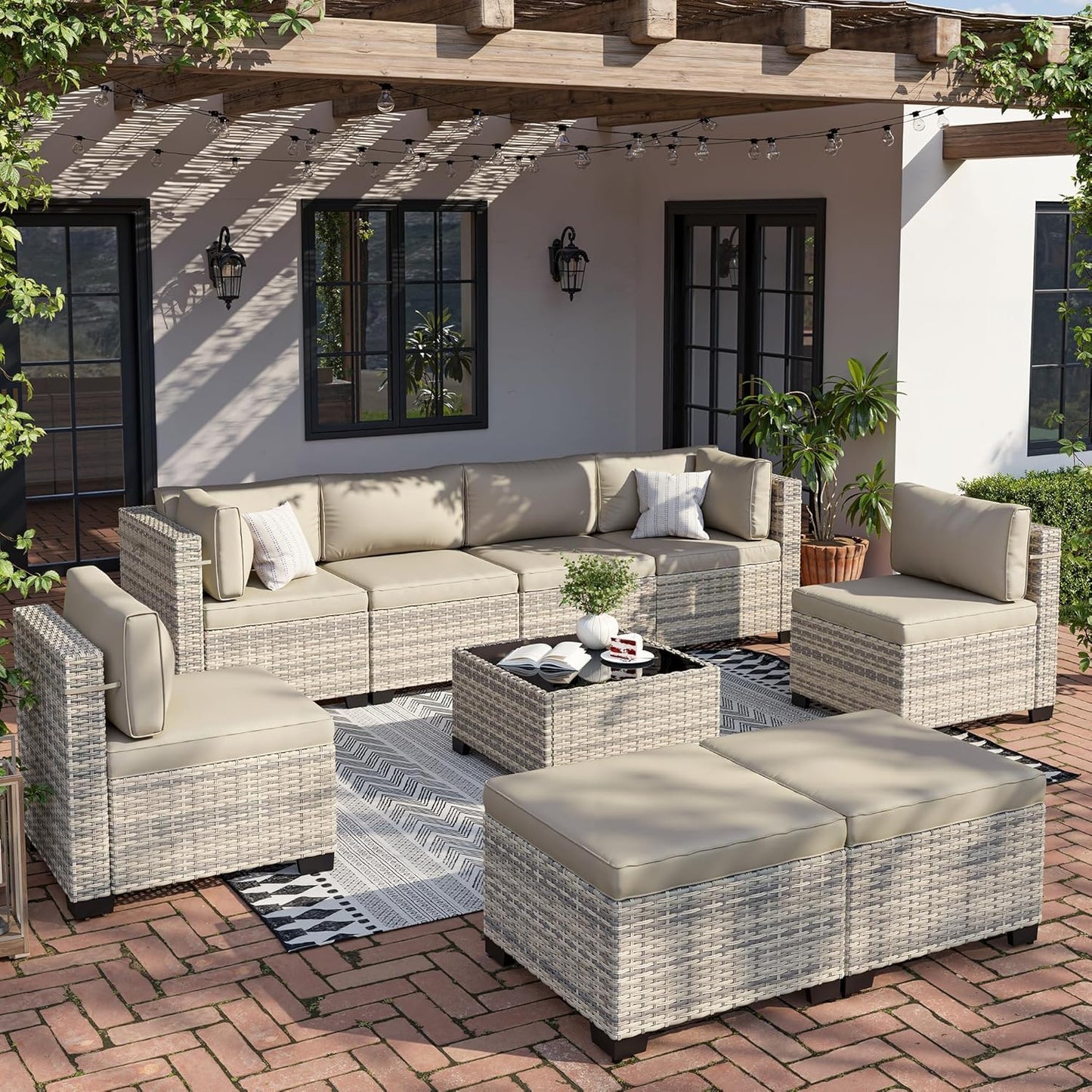 9-Piece Patio Furniture Set, Outdoor with Ottomans, Modular Patio Sofa, Dual-Strand Wicker Rattan, Rust-Resistant Frame, Backyard Furniture for Garden, Deck, Sand