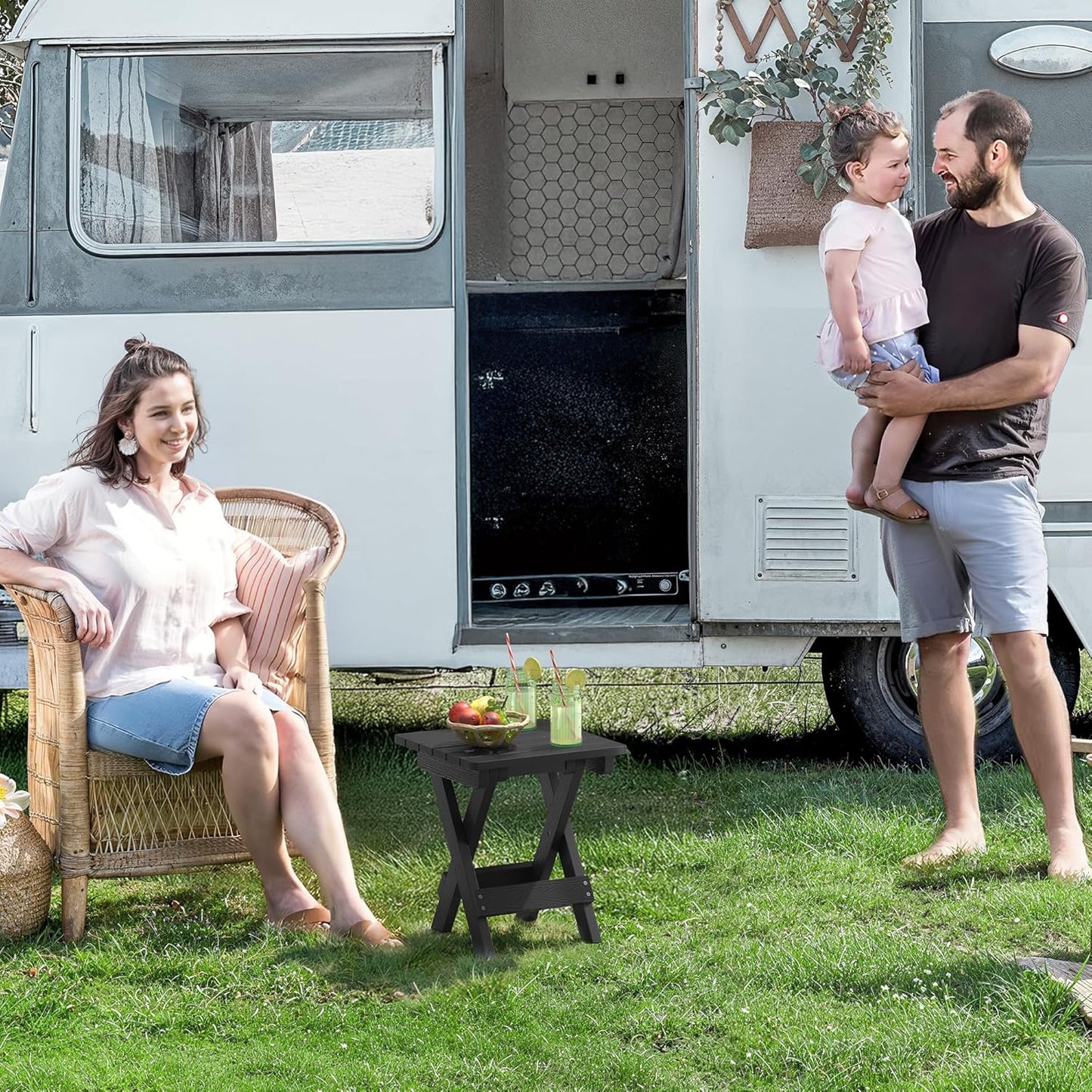 LUE BONA Small Outdoor Folding Side Table, Indoor Shower Bench Stool, HDPS End Table for Bathroom, Patio, Pool, 14 Inch Height, Black