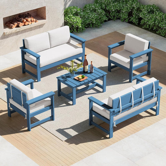 SERWALL 5 Pieces HDPE Outdoor Sofa Set with Cushions, All Weather Use Patio Conversation Couch Loveseat Furniture with Coffee Table for Balcony, Deck, Poolside, Blue Frame with Khaki Cushions