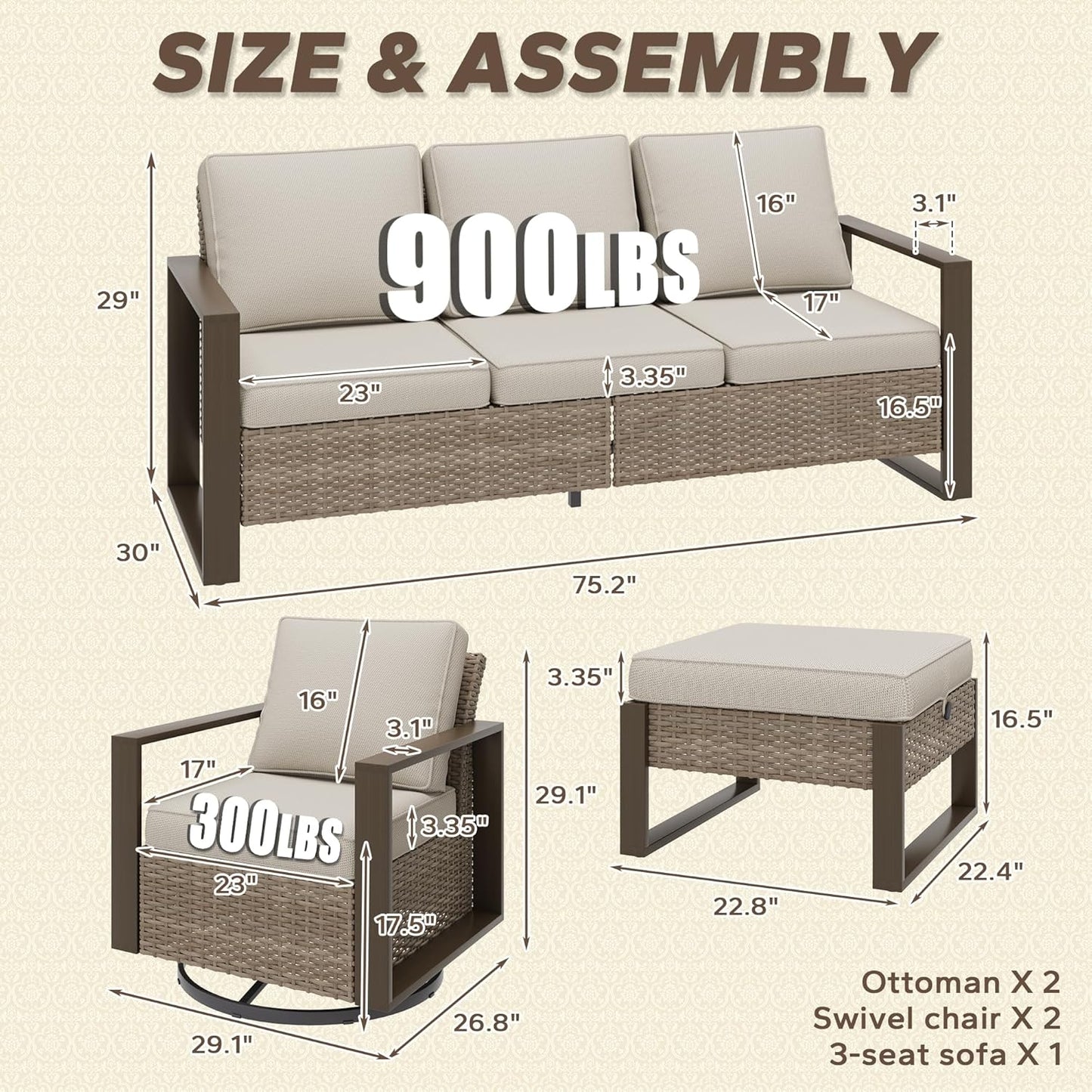 5 Pieces Metal Wicker Patio Furniture Set with 75" Sofa, Two Swivel Chairs and Two Ottomans, All Weather Rattan Outdoor Conversation Furniture with Washable Cushions for Porch, Beige