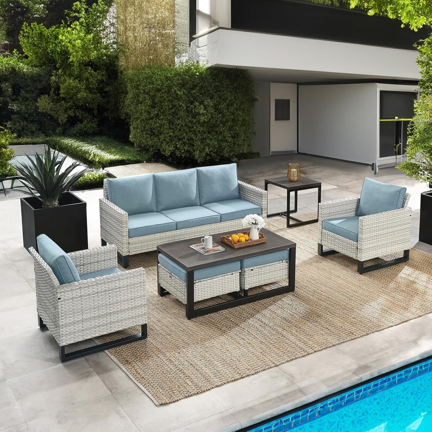 HUMMUH 7 Piece Patio Furniture All Weather Wicker Outdoor Sectional Sofa with Side Table,High Back Patio Chairs,Coffee Table and Ottomans Set for Porch,Garden,Backyard
