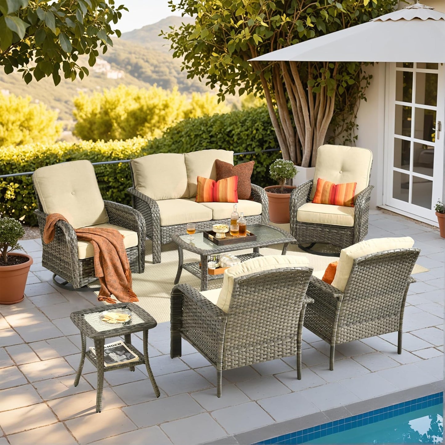 HOOOWOOO Patio Furniture Set,7 Pieces Outdoor Conversation Set,All Weather Wicker Loveseat Sofa Set with High Back Swivel Rocking Chairs Tables,Beige