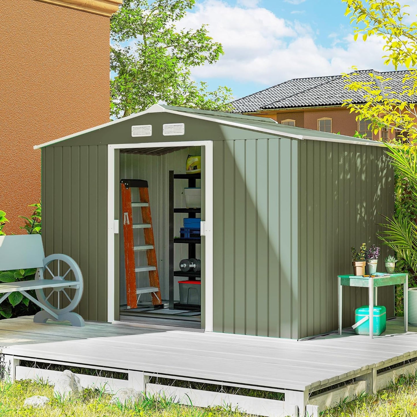 Outsunny 9' x 6' Outdoor Storage Shed, Garden Tool Metal Shed with Foundation Kit, Double Lockable Door, Air Vents and Sloping Roof, for Backyard, Patio, Lawn, Green