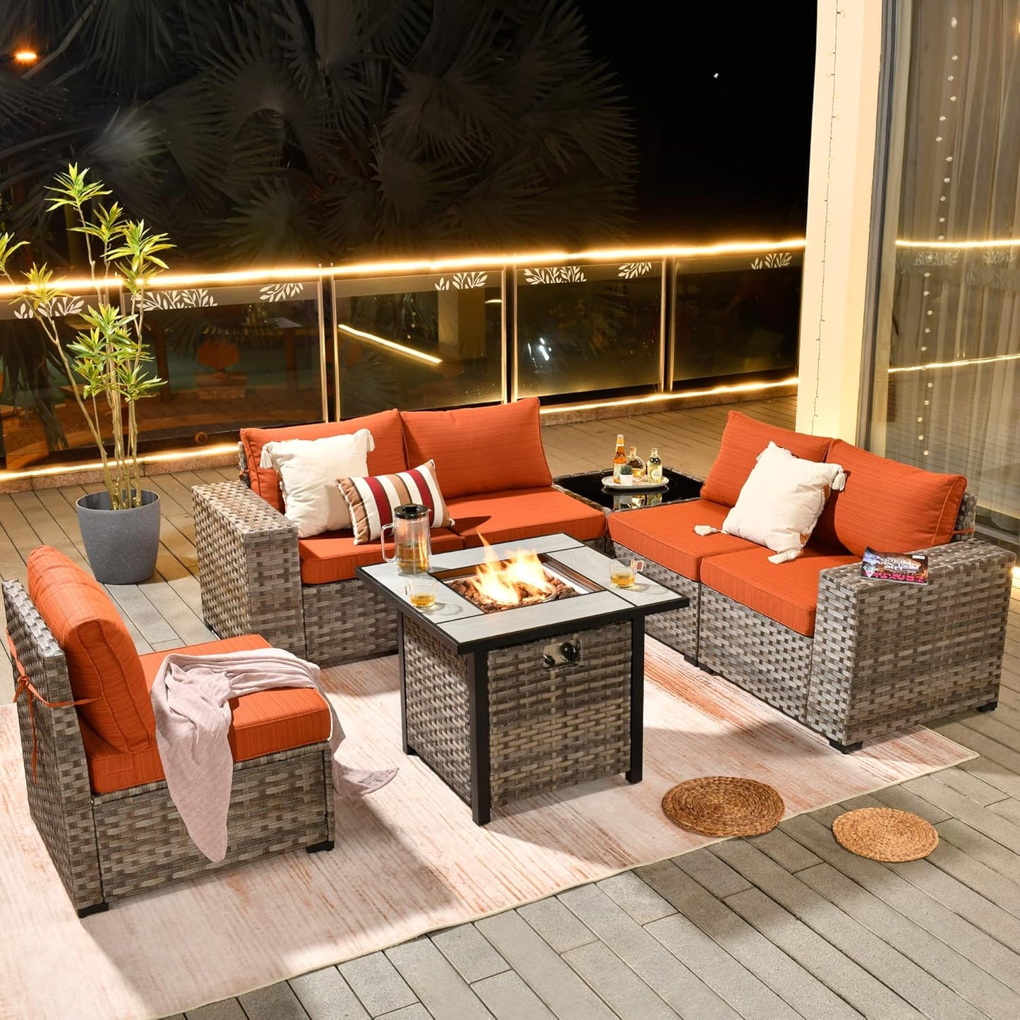 HOOOWOOO Modular Patio Outdoor Sectional Furniture Set with Gas Propane Fire Pit Table,7 Piece Wicker Conversation Sofa Set,Out Door Couch Set with Wide Arm Outside(Orange Red)