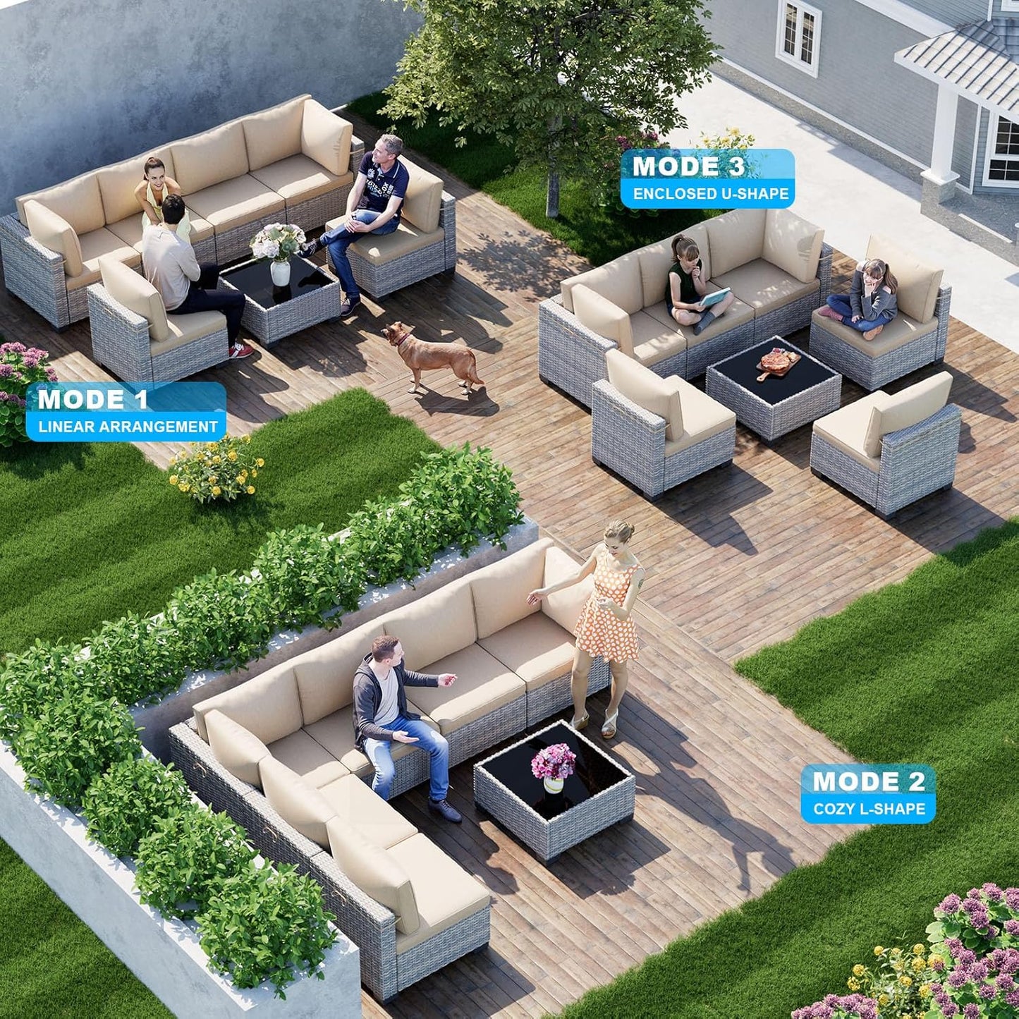 7-Piece Patio Furniture Set, Outdoor Sectional with Thick Cushions, Modular Patio Sofa, Dual-Strand Wicker Rattan, Rust-Resistant Frame, Backyard Furniture for Garden, Deck, Khaki