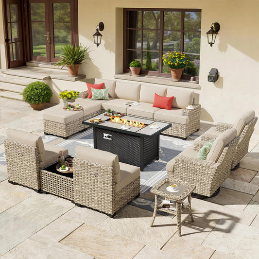 HOOOWOOO Outdoor Sectional Patio Furniture Set with Fire Pit Table,13 Pieces Wicker Conversation Sets L Shaped Couch,Extra Deep Out Door Sofa Outside Furniture with Swivel Chairs Ottomans,Beige