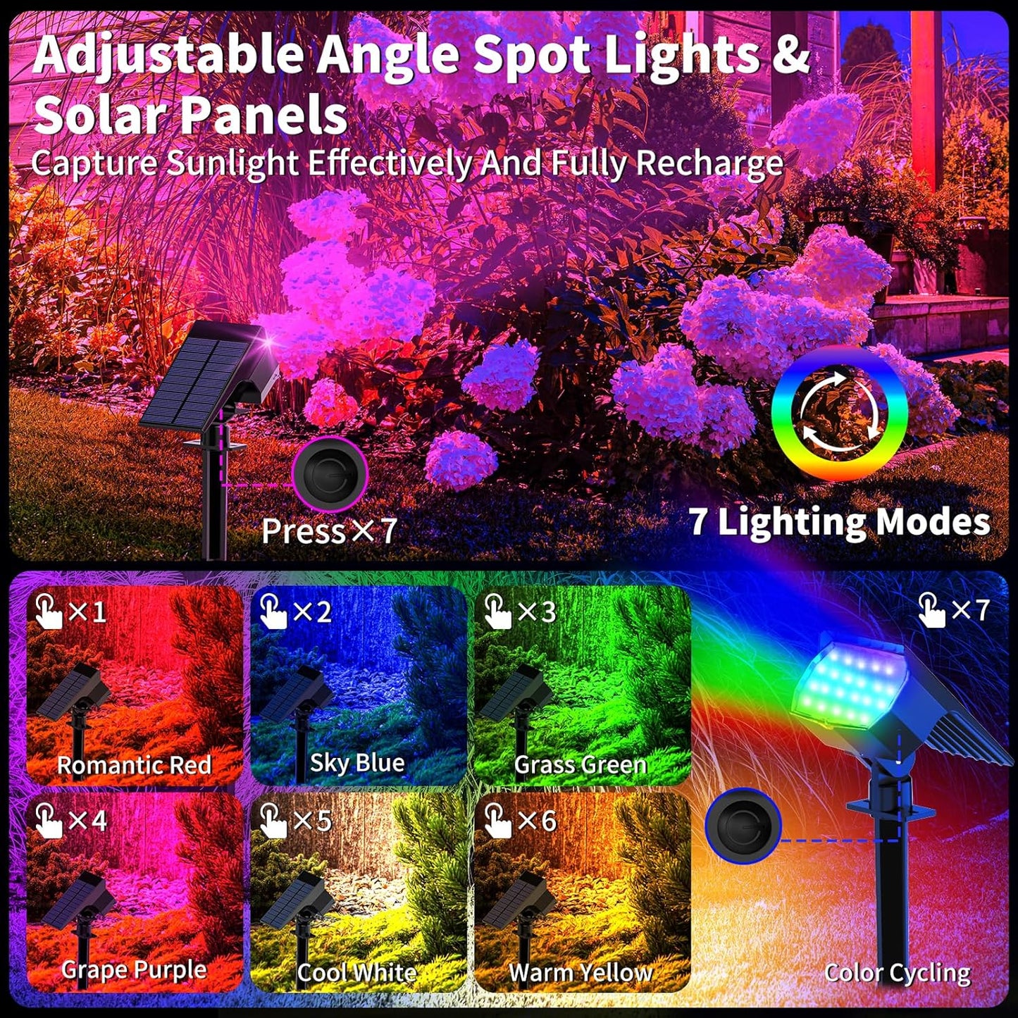 Solar Spot Lights Outdoor Color Changing, [7 Mode/6 Pack] Christmas Landscape Spotlights, Solar Lights Outdoor Waterproof, Solar Led Powered Flood Light for Outside Pathway Yard Garden Walkway