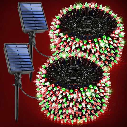 2-Pack 200FT Solar String Lights for Outside, 600 LED Extra-Bright Solar Light Outdoor with 19 Modes & Timer, Waterproof Fairy Solar Lights for Garden Patio Tree Christmas Decorations Red & Green
