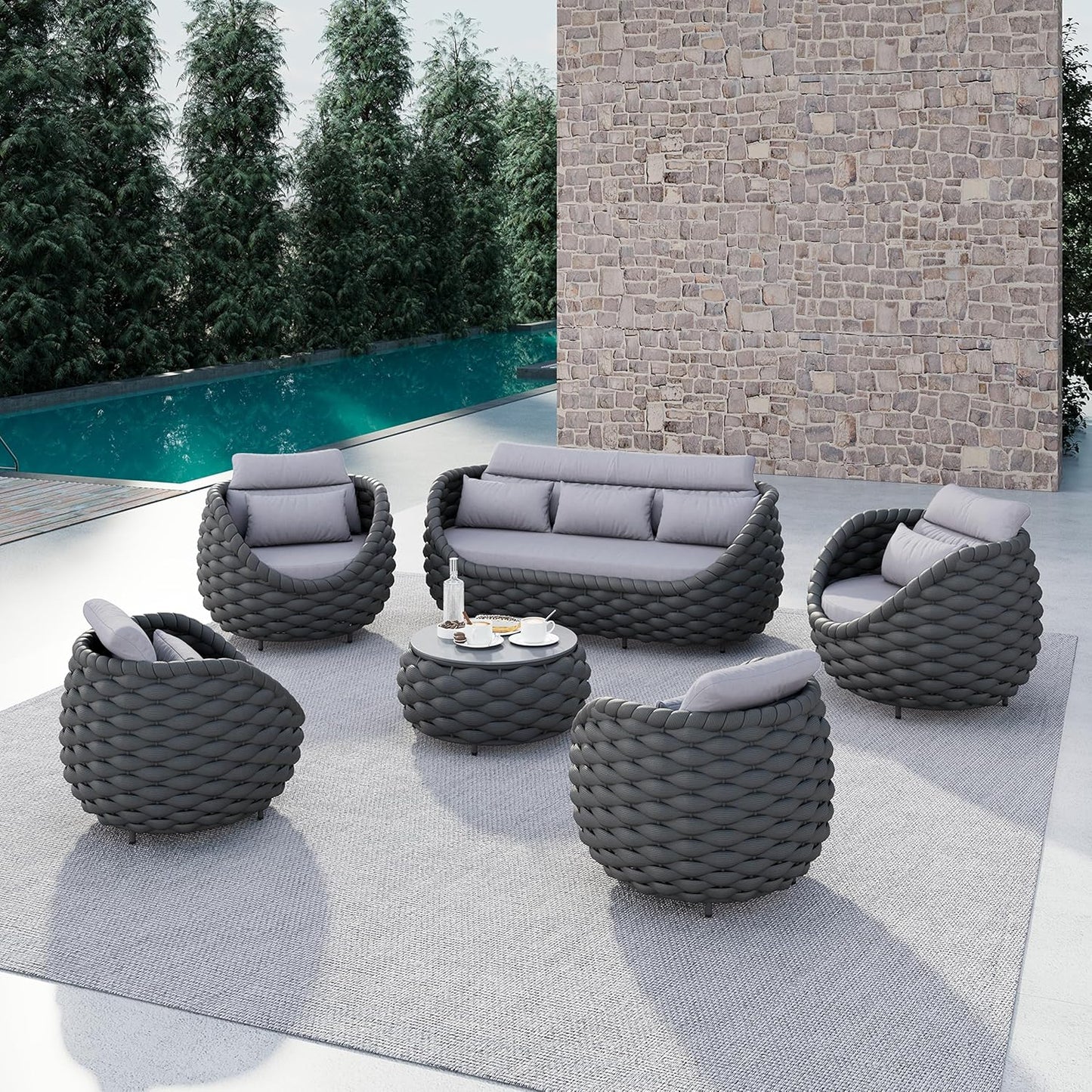 Metal Outdoor Conversation Sets: 6-Piece Aluminum Patio Furniture Set - Woven Rope Porch Sofa Set w/Coffee Table Cushions - Assembled Modern Lounge Couch for Deck Garden Yard Pool Hotel Resort