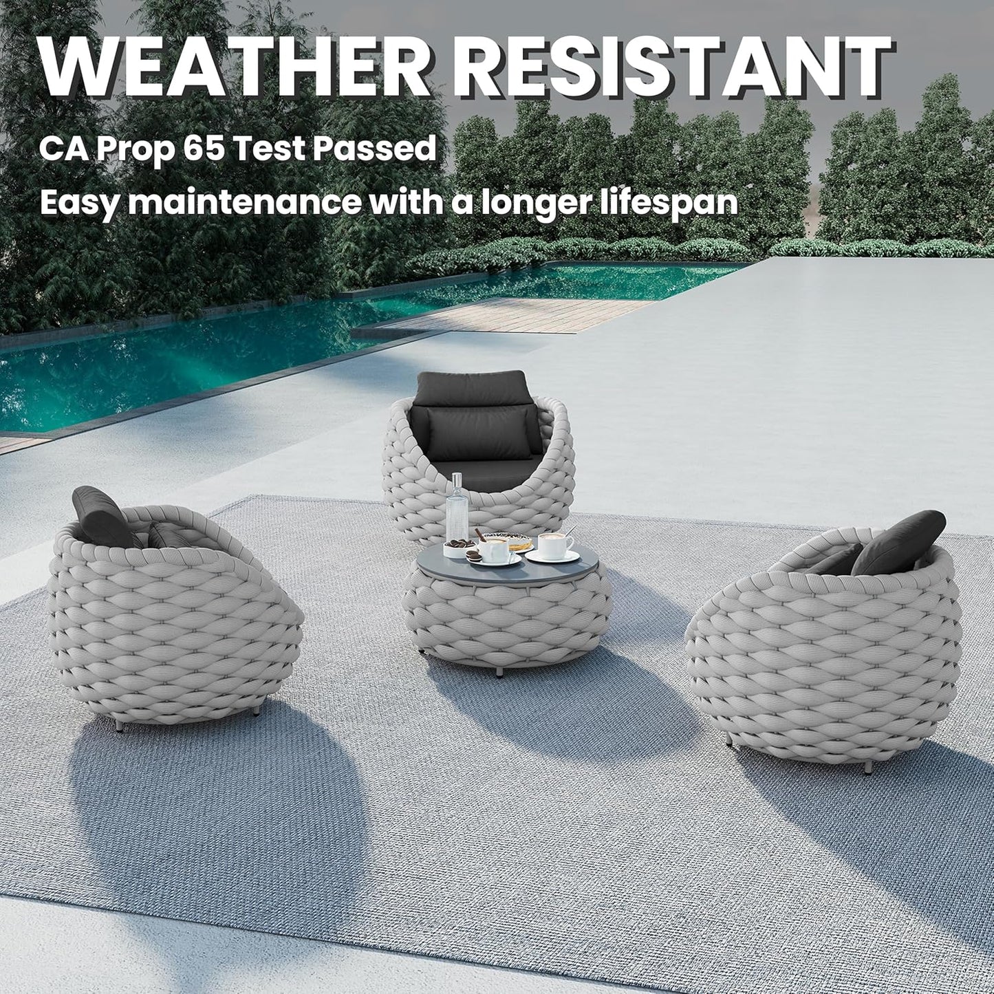 Balcony Furniture Set for Apartments: 4 Pieces Aluminum Woven Rope Patio Conversation Set - Modern Cushioned Lounge Chair Set - Assembled Porch Armchair for 400lbs Garden Lanai Poolsides Hotel