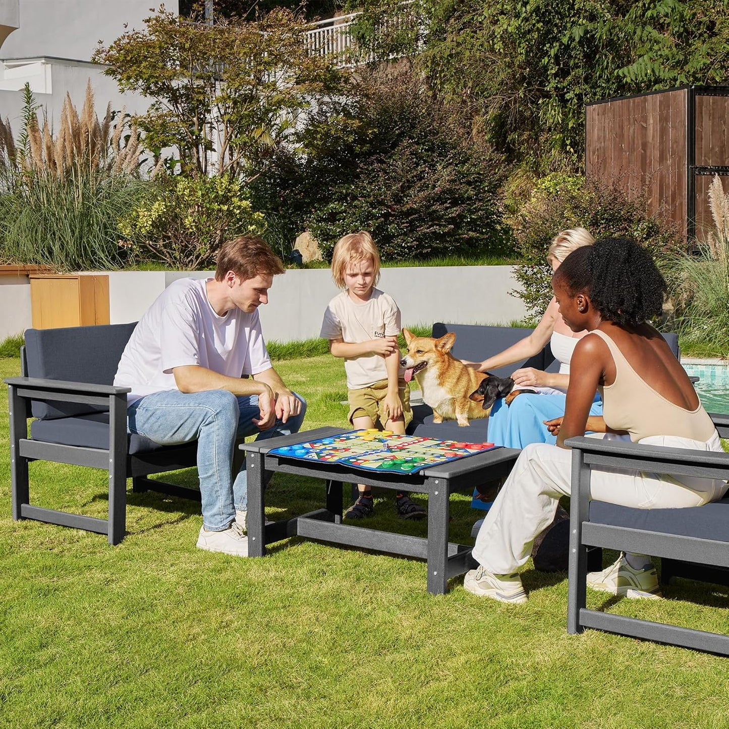 SERWALL 4 Pieces HDPE Outdoor Sofa Set with Cushion, All Weather Use Conversation Couch Set, Outdoor Loveseat Social Furniture with Coffee Table and Cushions, Grey Frame with Grey Cushions