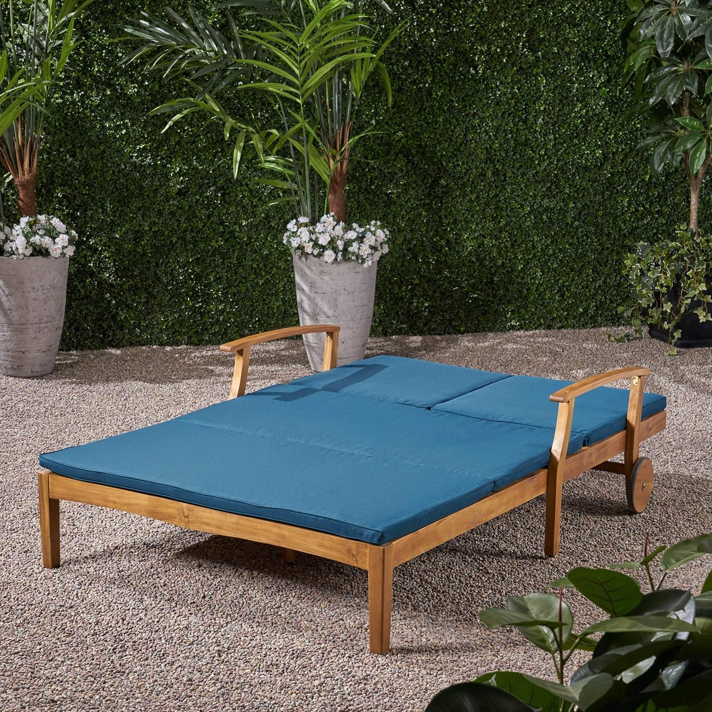 Christopher Knight Home Samantha Double Chaise Lounge for Yard and Patio, Acacia Wood Frame, Teak Finish with Blue Cushions