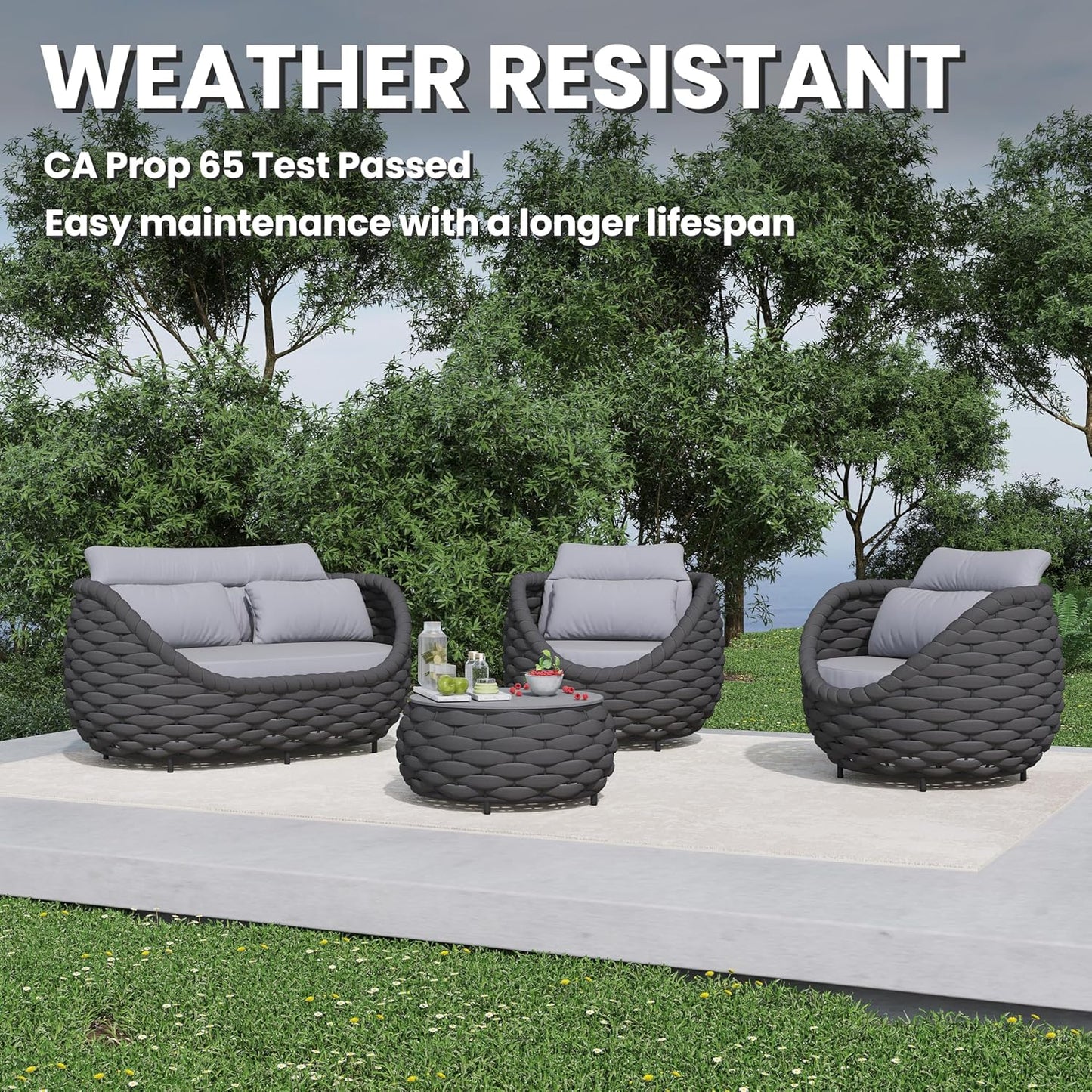 4 Pieces Assembled Patio Conversation Sets, Aluminum Outdoor Furniture Sofa Set - Modern Cushioned Set Hand Woven Rope Couch Armchair Set for 4 - All Weather for Indoor Deck Porch Backyard Hotel