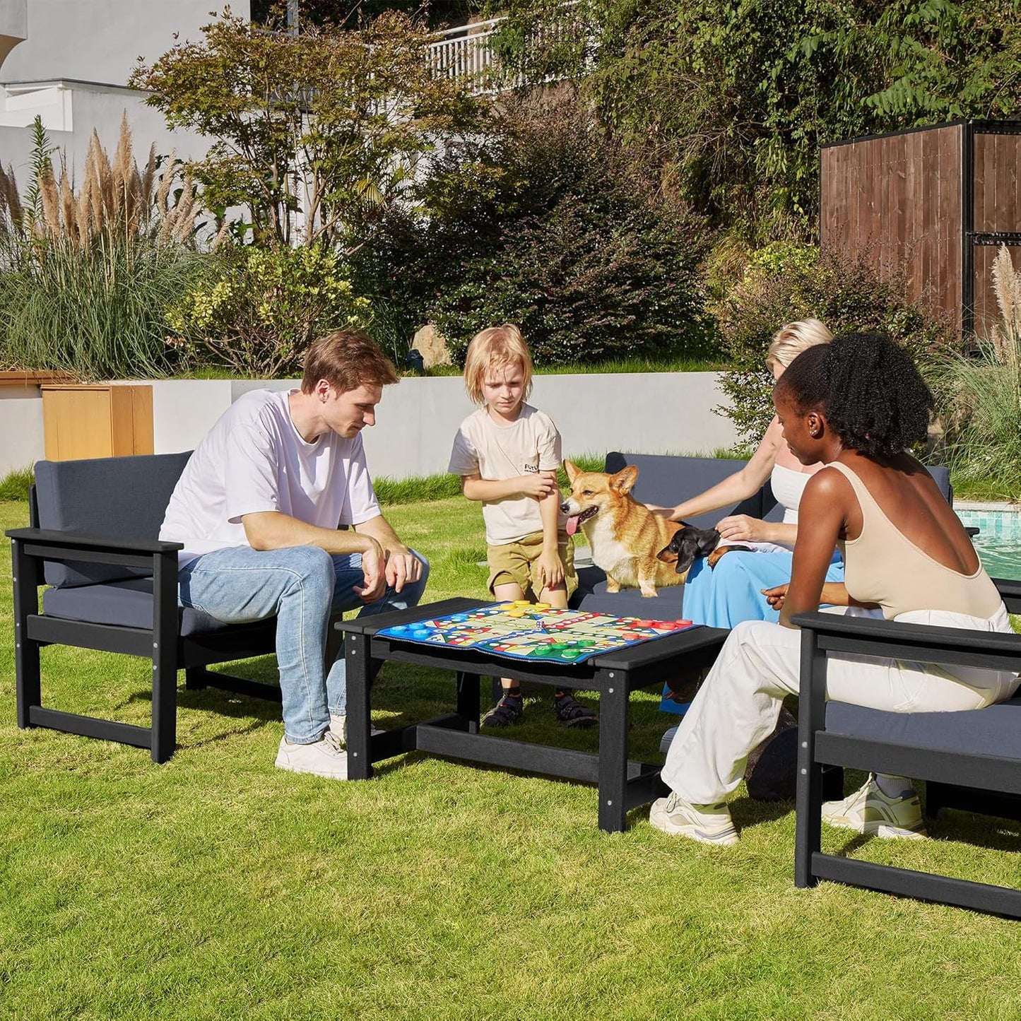 SERWALL 6 Pieces HDPE Outdoor Conversation Sofa Set with Cushions, All Weather Couch Loveseat Furniture with Coffee Table and Cushion, Outdoor Social Sofa Set, Black Frame with Grey Cushions