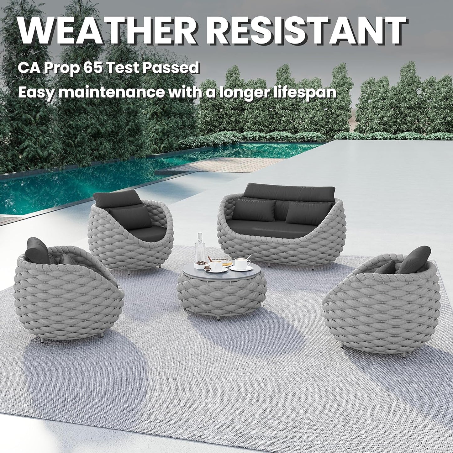Aluminum Outdoor Seating Set: 5 Pieces Woven Rope Patio Furniture Conversation Set - Modern Deck Loveseat Set Cushioned - Assembled Metal Porch Lounge Set for Yard Garden Lanai Hotel Resort Pool